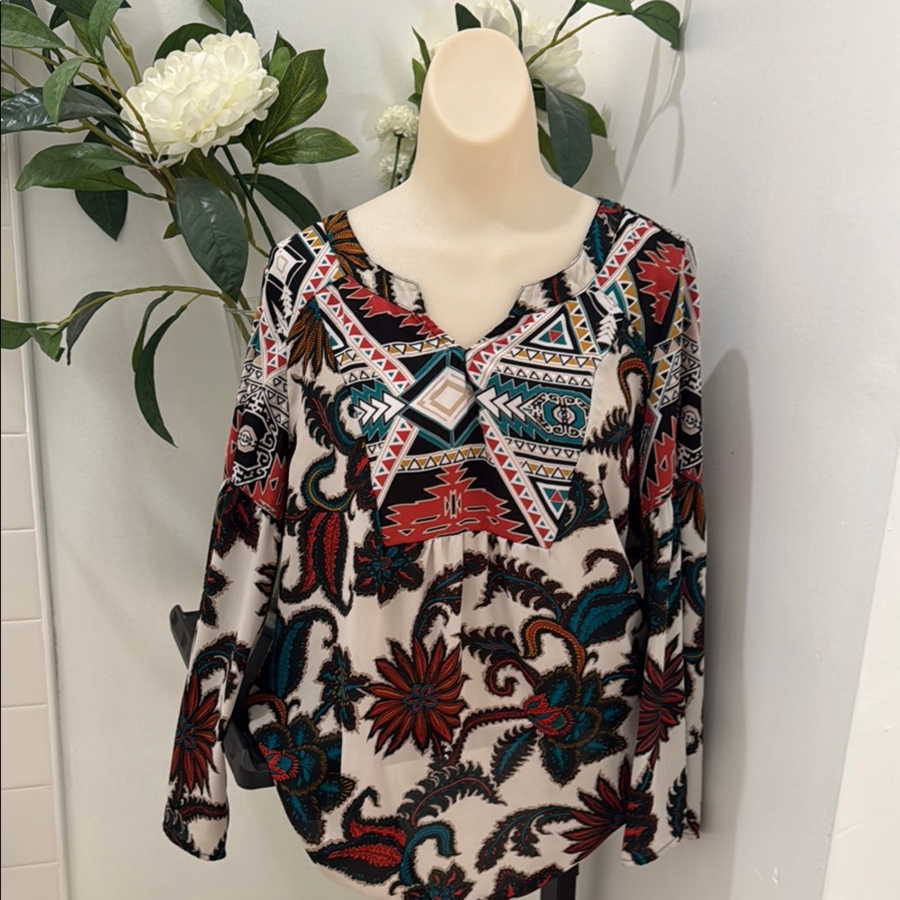 Fig and Flower Red and Black Graphic Bib Collar Blouse